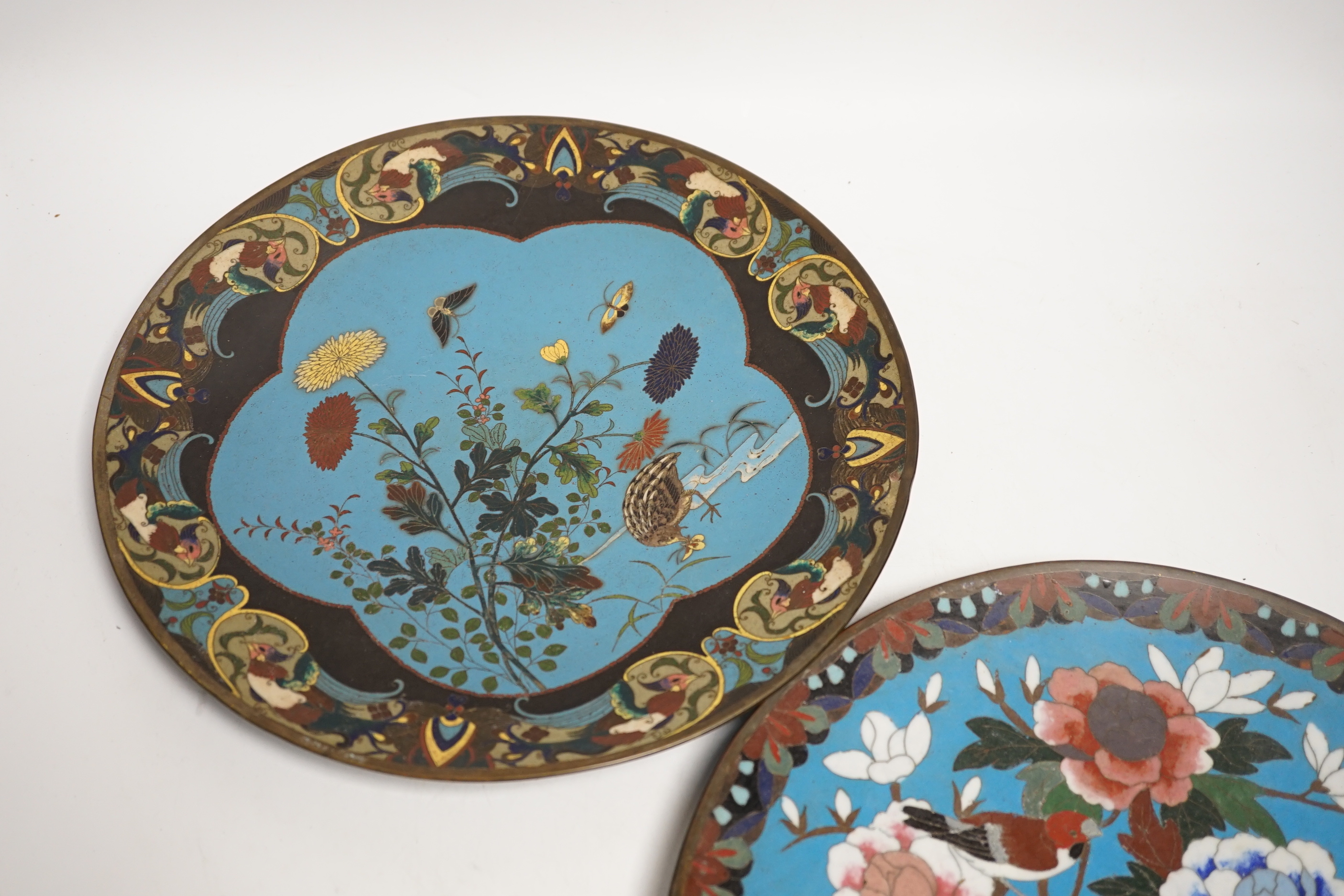 Two Japanese cloisonné enamel dishes, 30cms diameter